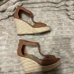 Nine West Woven T-Strap Espadrille Wedge Sandals - Brown